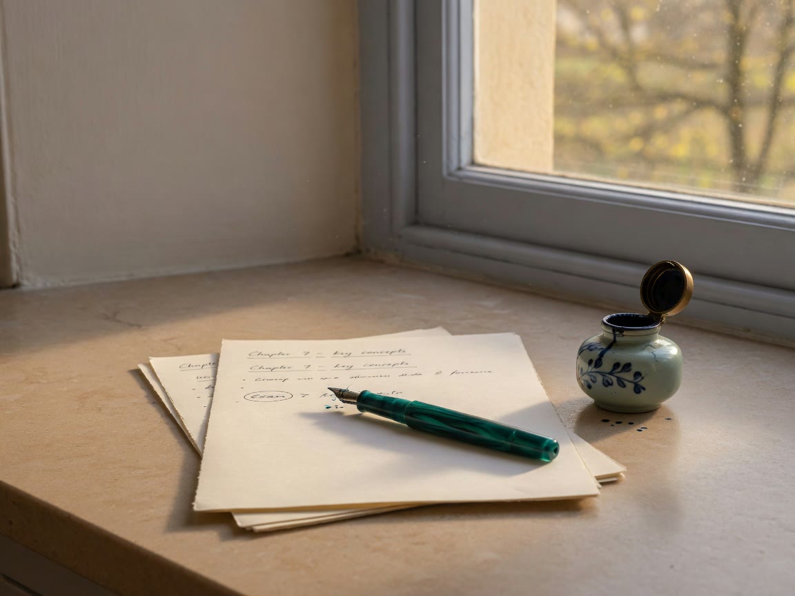 Fountain pen, cream paper, and inkwell on a stone windowsill.